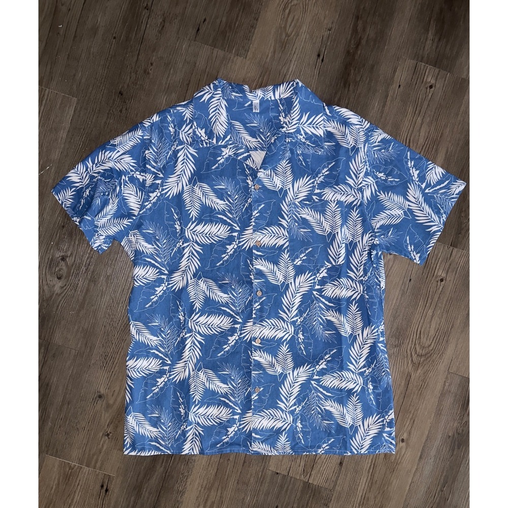 Andy Mens Blue White Tropical Palm Leaf Print Short Sleeve Button Down Shirt‎ L